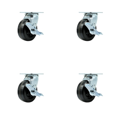 Service Caster 5 Inch Phenolic Swivel Caster Set with Roller Bearings and Brakes SCC-30CS520-PHR-TLB-4
